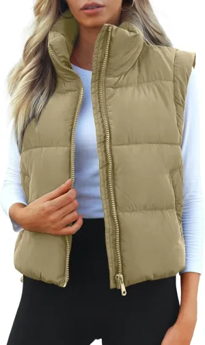 Polu Cropped Puffer Vest Women Sleeveless Stand Collar Padded Gilet Winter Lightweight Puffy Vest