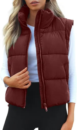 Polu Cropped Puffer Vest Women Sleeveless Stand Collar Padded Gilet Winter Lightweight Puffy Vest