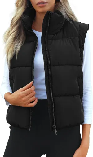 Polu Cropped Puffer Vest Women Sleeveless Stand Collar Padded Gilet Winter Lightweight Puffy Vest