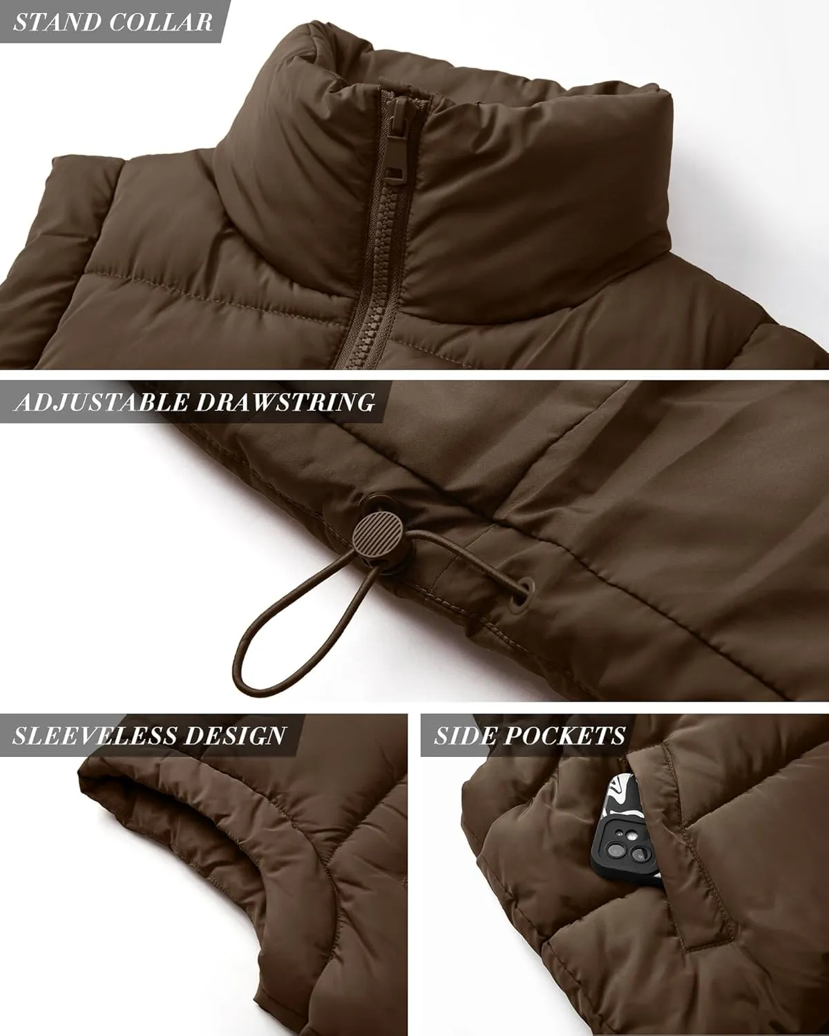 Polu Cropped Puffer Vest Women Sleeveless Stand Collar Padded Gilet Winter Lightweight Puffy Vest