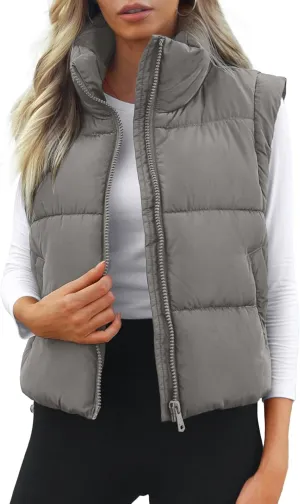 Polu Cropped Puffer Vest Women Sleeveless Stand Collar Padded Gilet Winter Lightweight Puffy Vest