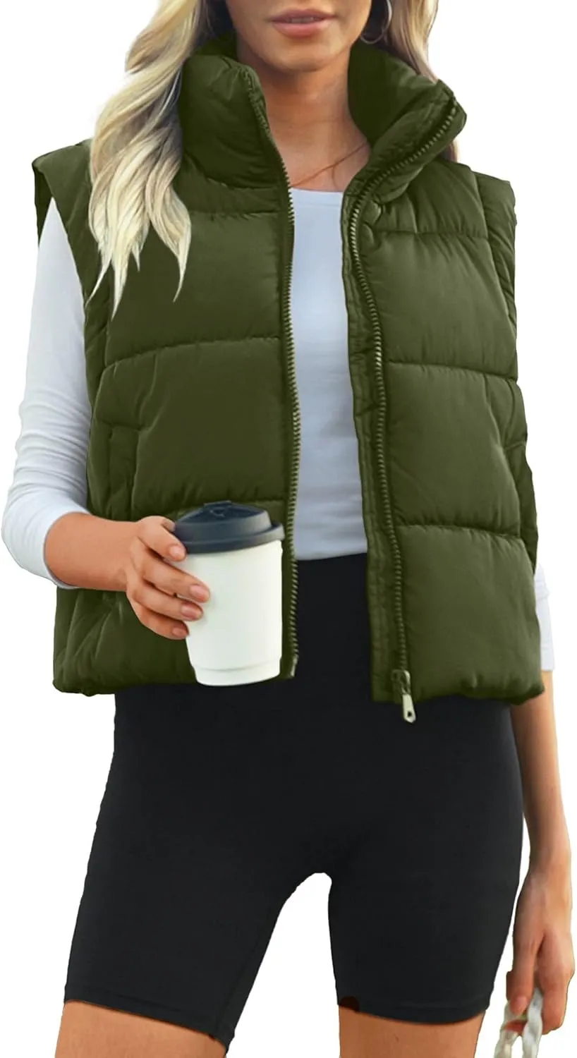 Polu Cropped Puffer Vest Women Sleeveless Stand Collar Padded Gilet Winter Lightweight Puffy Vest