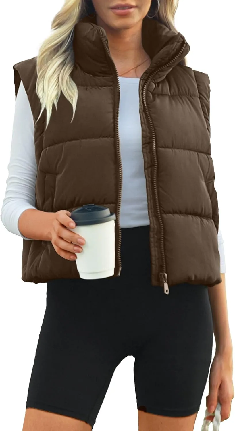 Polu Cropped Puffer Vest Women Sleeveless Stand Collar Padded Gilet Winter Lightweight Puffy Vest