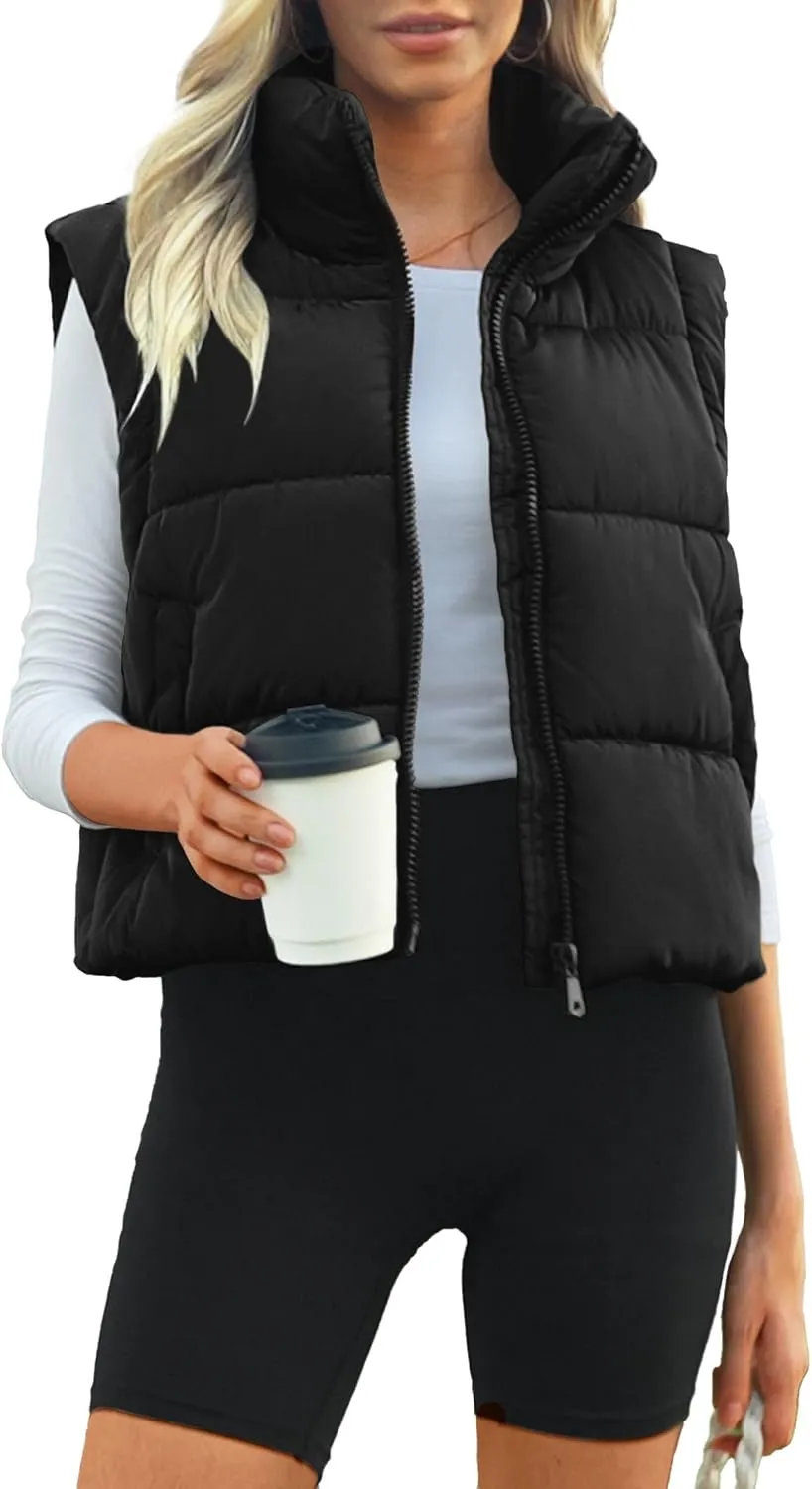 Polu Cropped Puffer Vest Women Sleeveless Stand Collar Padded Gilet Winter Lightweight Puffy Vest