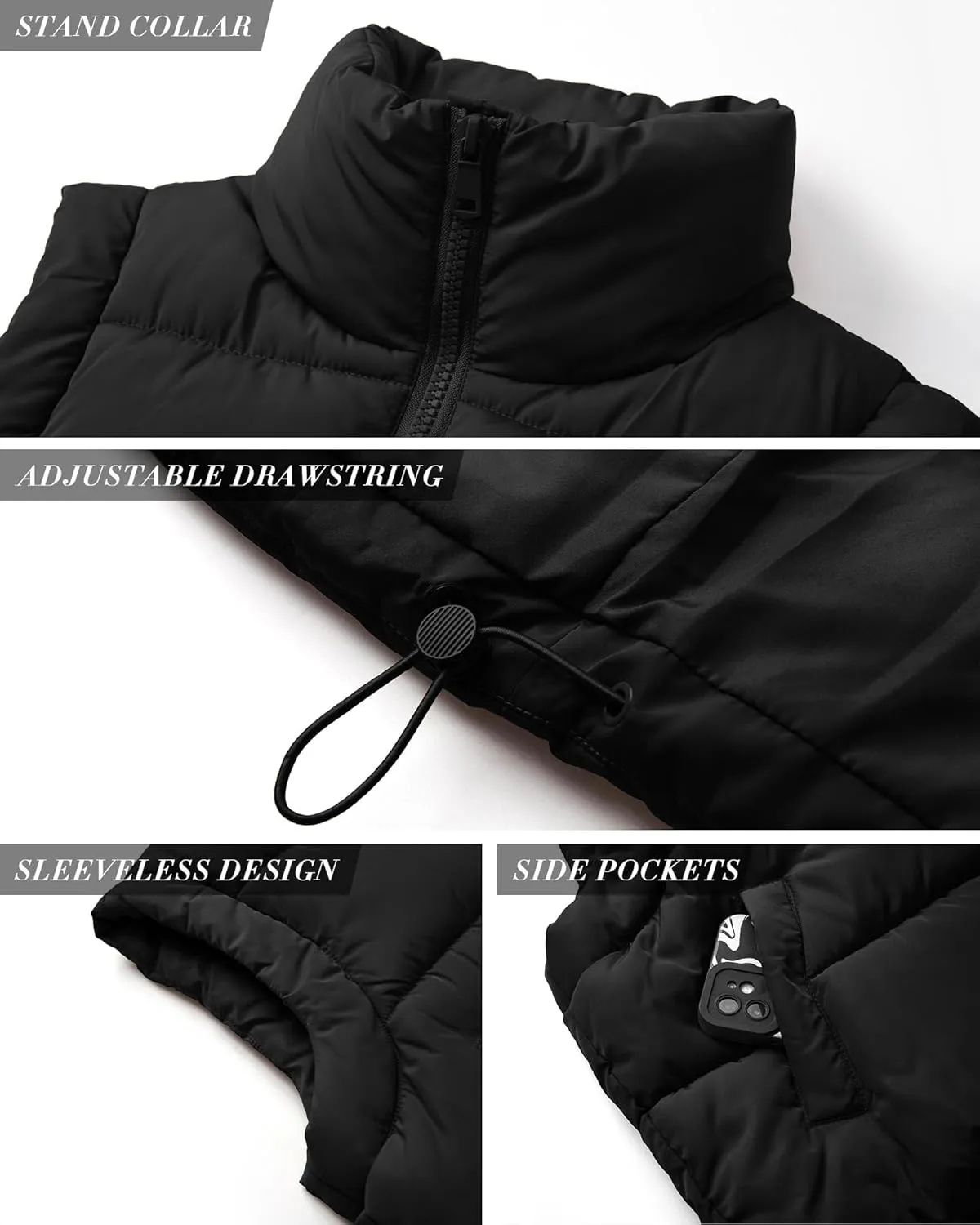 Polu Cropped Puffer Vest Women Sleeveless Stand Collar Padded Gilet Winter Lightweight Puffy Vest