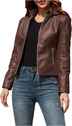 PU Faux Leather Jacket for Women Vintage Lapel Zipper Motorcycle Crop Bomber Jacket with Pockets Moto Biker Short Coat