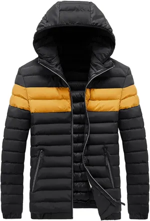Puffer Jacket Men with Hood Winter Down Jackets Zip up Padded Coat Color Block Quilted Jacket Casual Warm Jackets