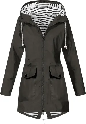 Rain Jacket For Women Lightweight Raincoat Waterproof Windbreaker Striped Lined Climbing Outdoor Hooded Trench Coat