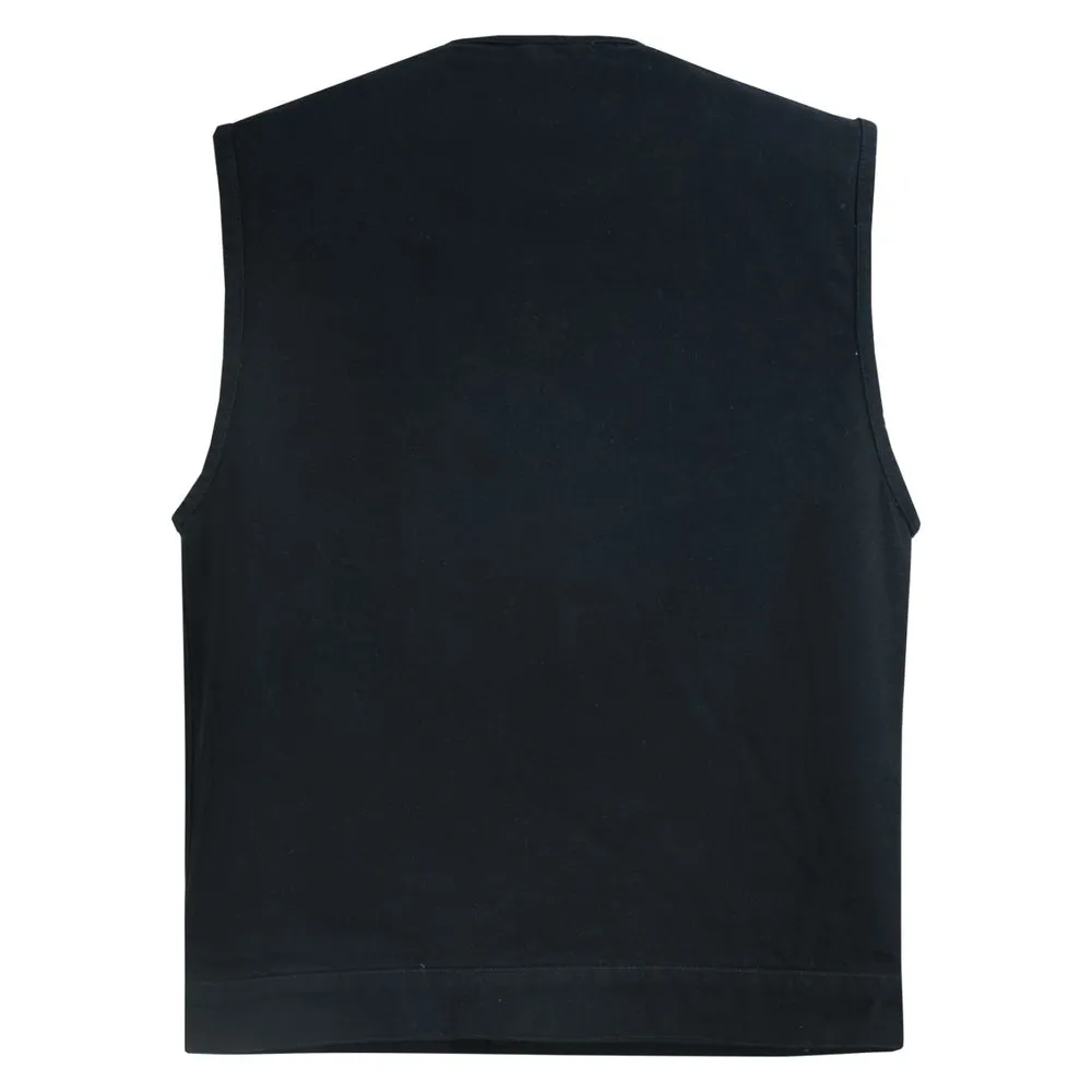 Rugged Mens Denim Vest - Concealed Snap with Hidden Zipper