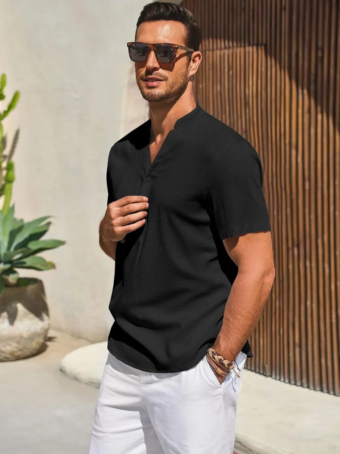 Runcati Mens Casual Henley Shirts Linen Short Sleeve V Neck Band Collar Shirt Beach Summer Hippie Lightweight Tops