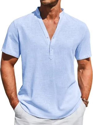 Runcati Mens Casual Henley Shirts Linen Short Sleeve V Neck Band Collar Shirt Beach Summer Hippie Lightweight Tops