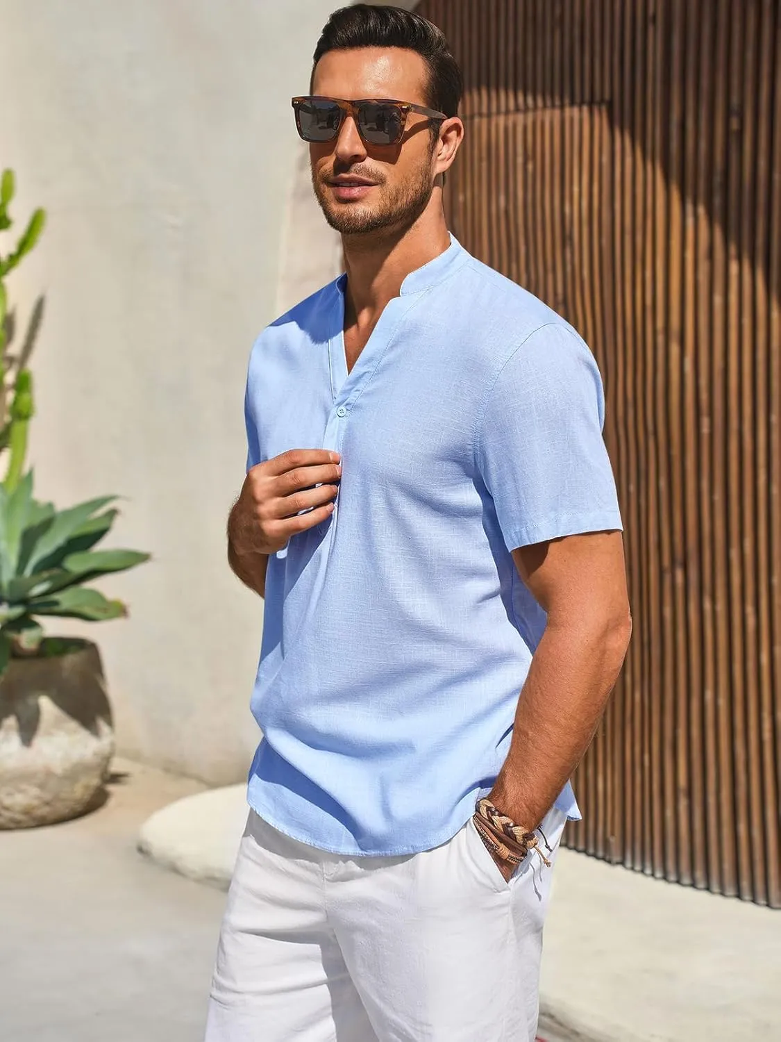Runcati Mens Casual Henley Shirts Linen Short Sleeve V Neck Band Collar Shirt Beach Summer Hippie Lightweight Tops