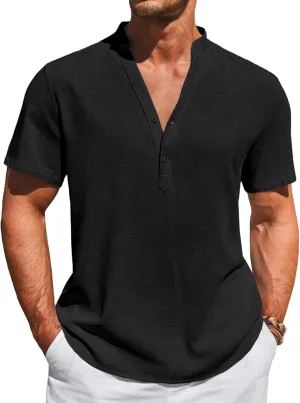 Runcati Mens Casual Henley Shirts Linen Short Sleeve V Neck Band Collar Shirt Beach Summer Hippie Lightweight Tops