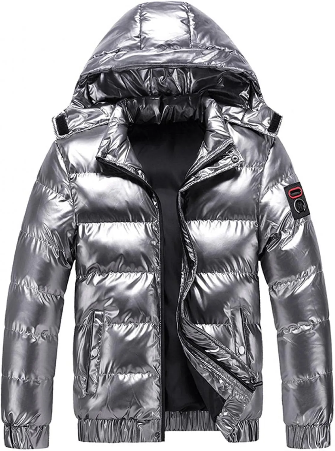 Saohuo Winter Puffer Jacket for Men Warm Thicken Shiny Zip Down Jackets with Detachable Hood Bubble Overcoat Outerwear