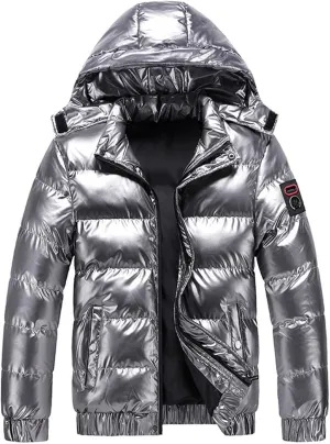 Saohuo Winter Puffer Jacket for Men Warm Thicken Shiny Zip Down Jackets with Detachable Hood Bubble Overcoat Outerwear