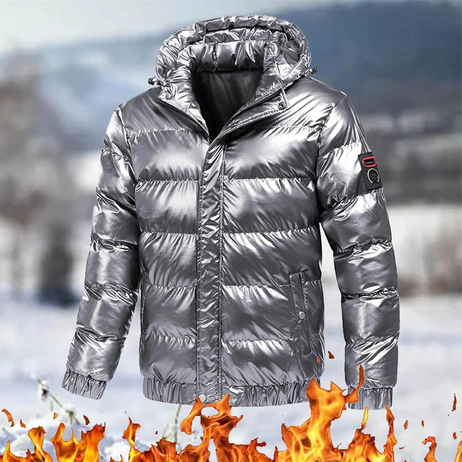 Saohuo Winter Puffer Jacket for Men Warm Thicken Shiny Zip Down Jackets with Detachable Hood Bubble Overcoat Outerwear