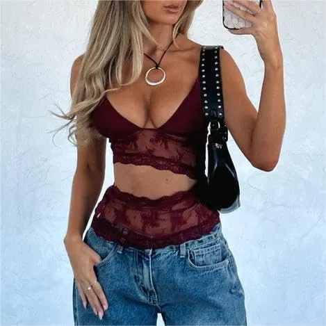 Sastianaen Women Y2k Fairy Lace Cami Top Sheer Mesh See Through Tank Top Sleeveless Spaghetti Strap Crop Top