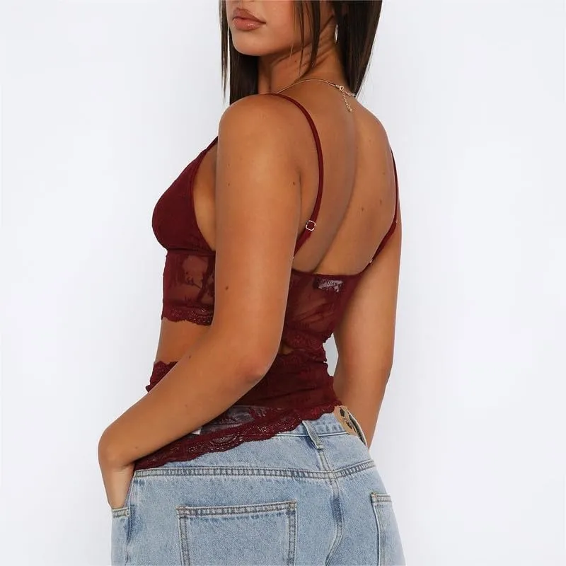 Sastianaen Women Y2k Fairy Lace Cami Top Sheer Mesh See Through Tank Top Sleeveless Spaghetti Strap Crop Top