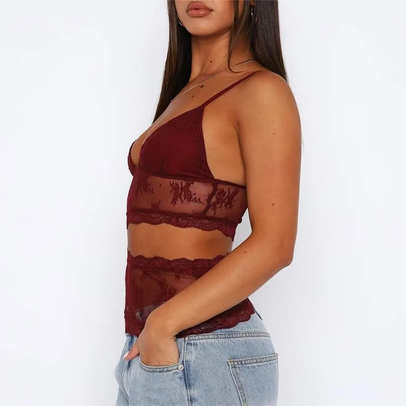 Sastianaen Women Y2k Fairy Lace Cami Top Sheer Mesh See Through Tank Top Sleeveless Spaghetti Strap Crop Top