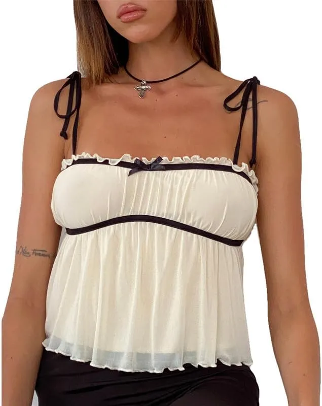 Sastianaen Women Y2k Fairy Lace Cami Top Sheer Mesh See Through Tank Top Sleeveless Spaghetti Strap Crop Top