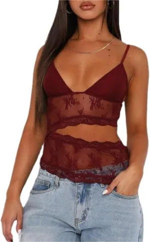 Sastianaen Women Y2k Fairy Lace Cami Top Sheer Mesh See Through Tank Top Sleeveless Spaghetti Strap Crop Top