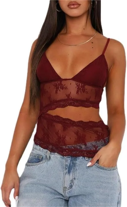 Sastianaen Women Y2k Fairy Lace Cami Top Sheer Mesh See Through Tank Top Sleeveless Spaghetti Strap Crop Top