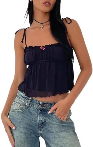 Sastianaen Women Y2k Fairy Lace Cami Top Sheer Mesh See Through Tank Top Sleeveless Spaghetti Strap Crop Top