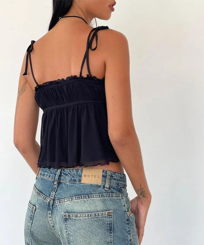 Sastianaen Women Y2k Fairy Lace Cami Top Sheer Mesh See Through Tank Top Sleeveless Spaghetti Strap Crop Top