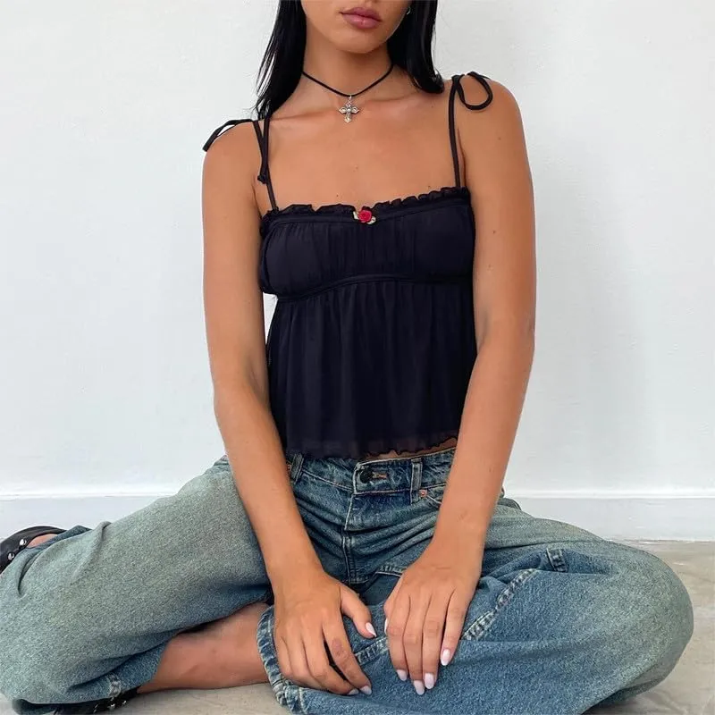 Sastianaen Women Y2k Fairy Lace Cami Top Sheer Mesh See Through Tank Top Sleeveless Spaghetti Strap Crop Top