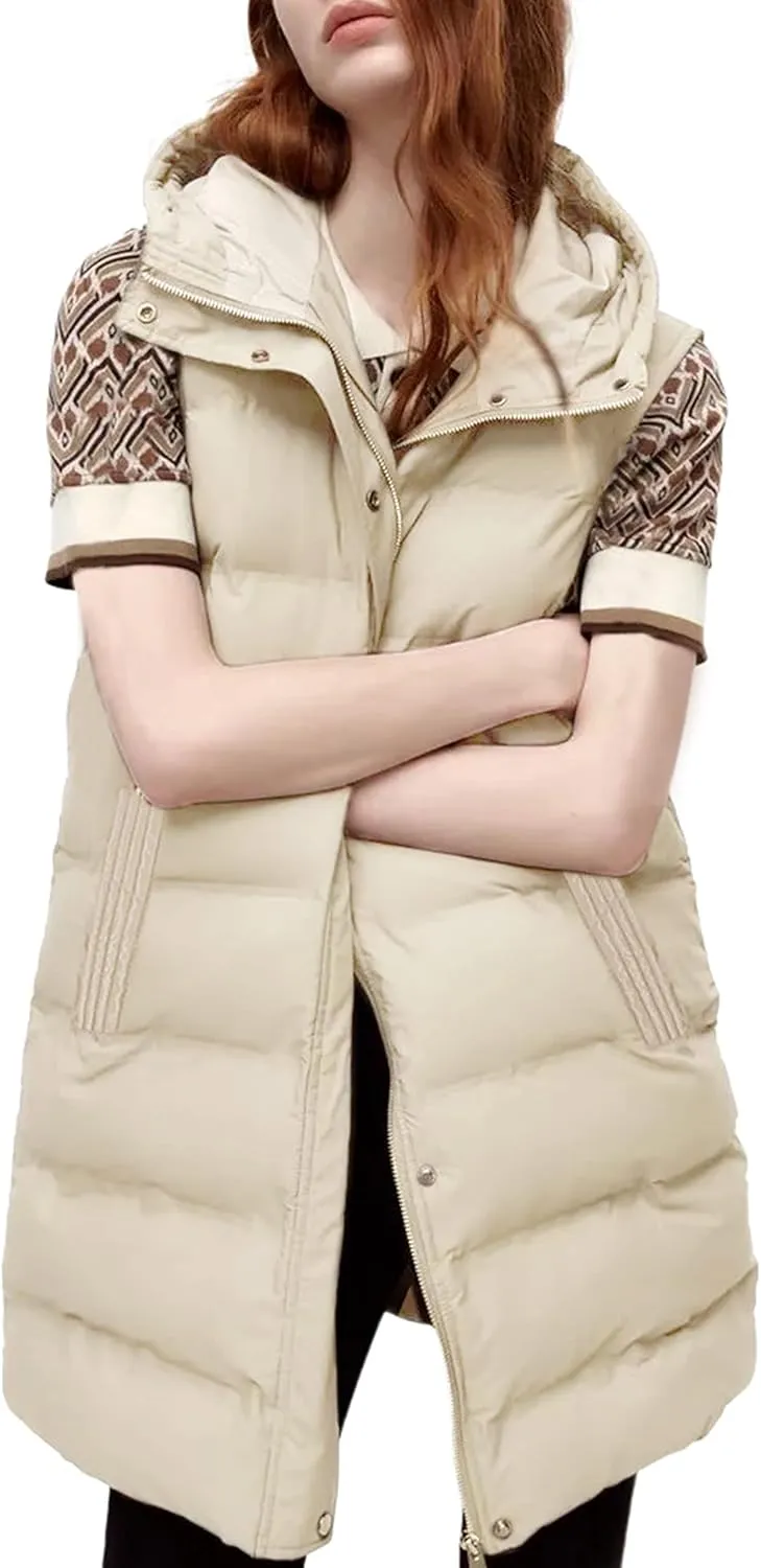 SCUSTY Womens Long Puffer Vest Sleeveless Coats Quilted Vests Outerwear Jackets with Hood