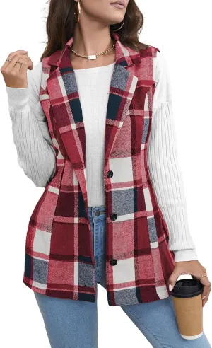 SEMATOMALA Women's Plaid Vest Christmas Cardigan Winter Fall Flannel Vest Sleeveless Blazer Jacket Long Shacket Vest
