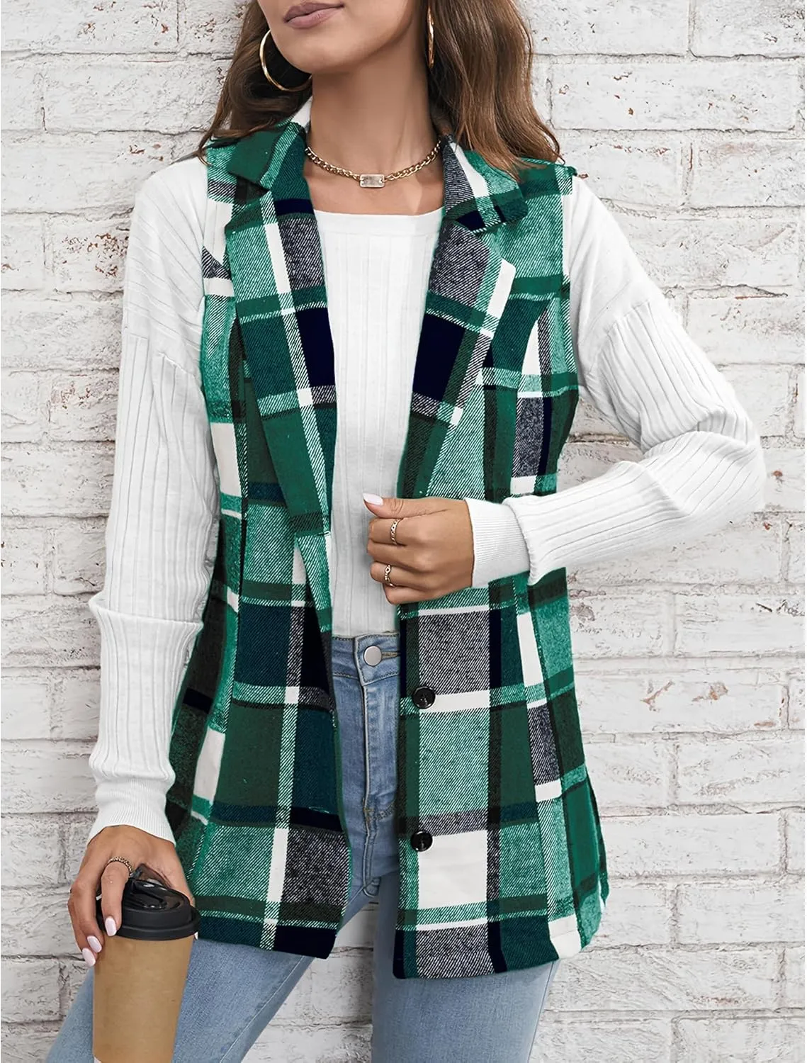 SEMATOMALA Women's Plaid Vest Christmas Cardigan Winter Fall Flannel Vest Sleeveless Blazer Jacket Long Shacket Vest
