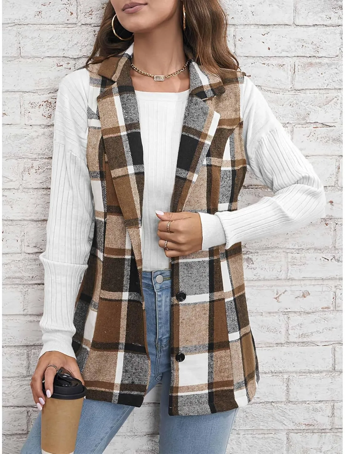 SEMATOMALA Women's Plaid Vest Christmas Cardigan Winter Fall Flannel Vest Sleeveless Blazer Jacket Long Shacket Vest