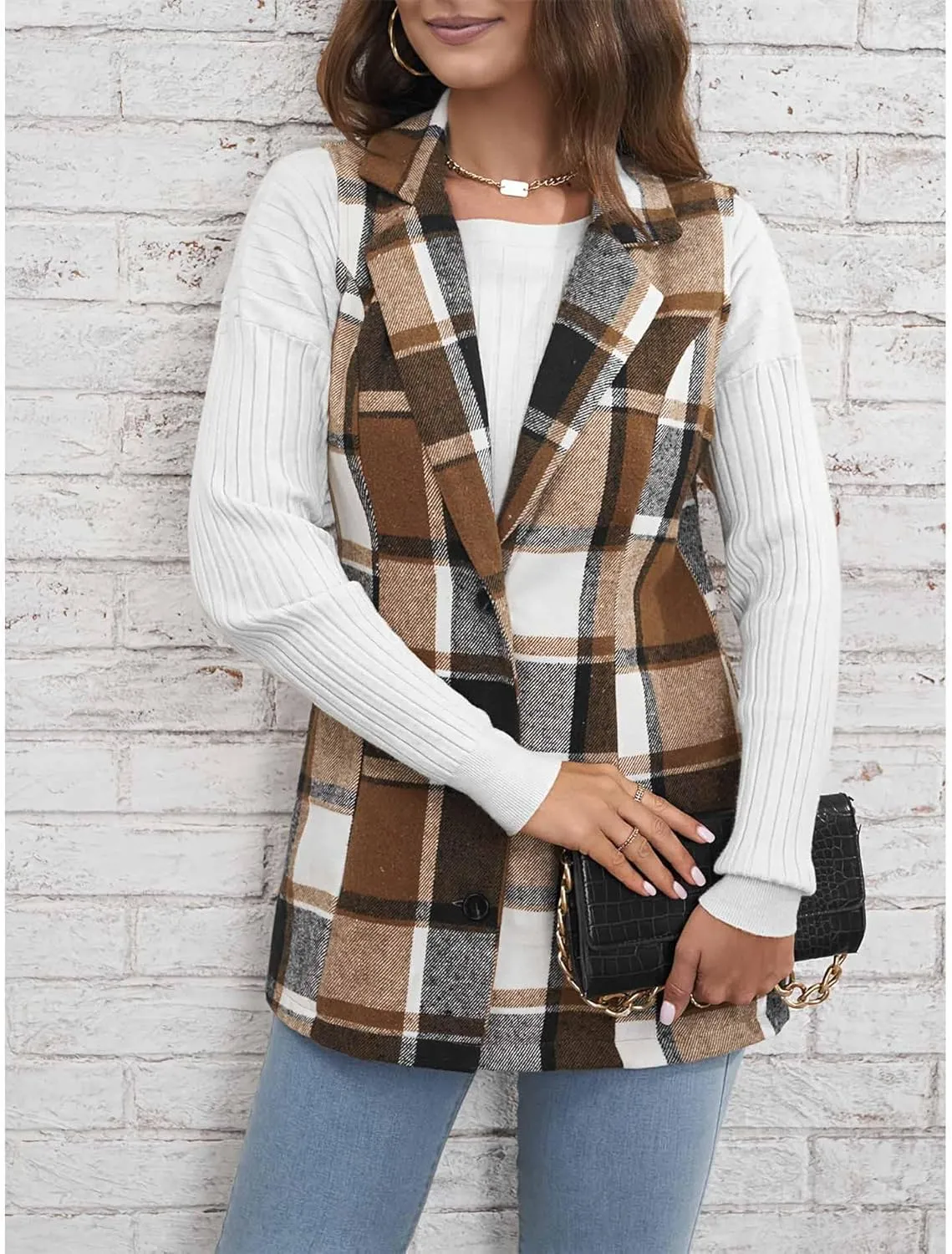 SEMATOMALA Women's Plaid Vest Christmas Cardigan Winter Fall Flannel Vest Sleeveless Blazer Jacket Long Shacket Vest