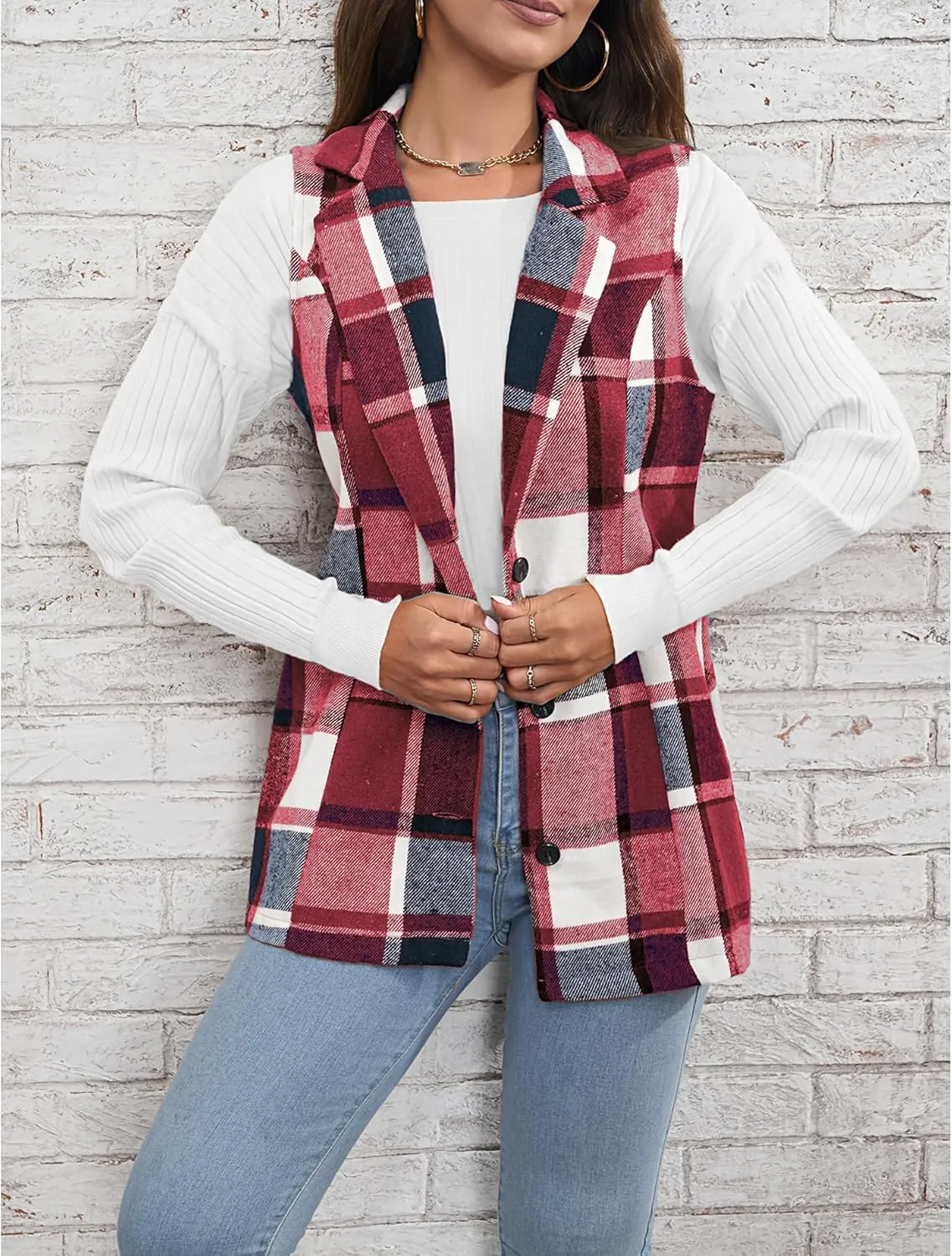 SEMATOMALA Women's Plaid Vest Christmas Cardigan Winter Fall Flannel Vest Sleeveless Blazer Jacket Long Shacket Vest