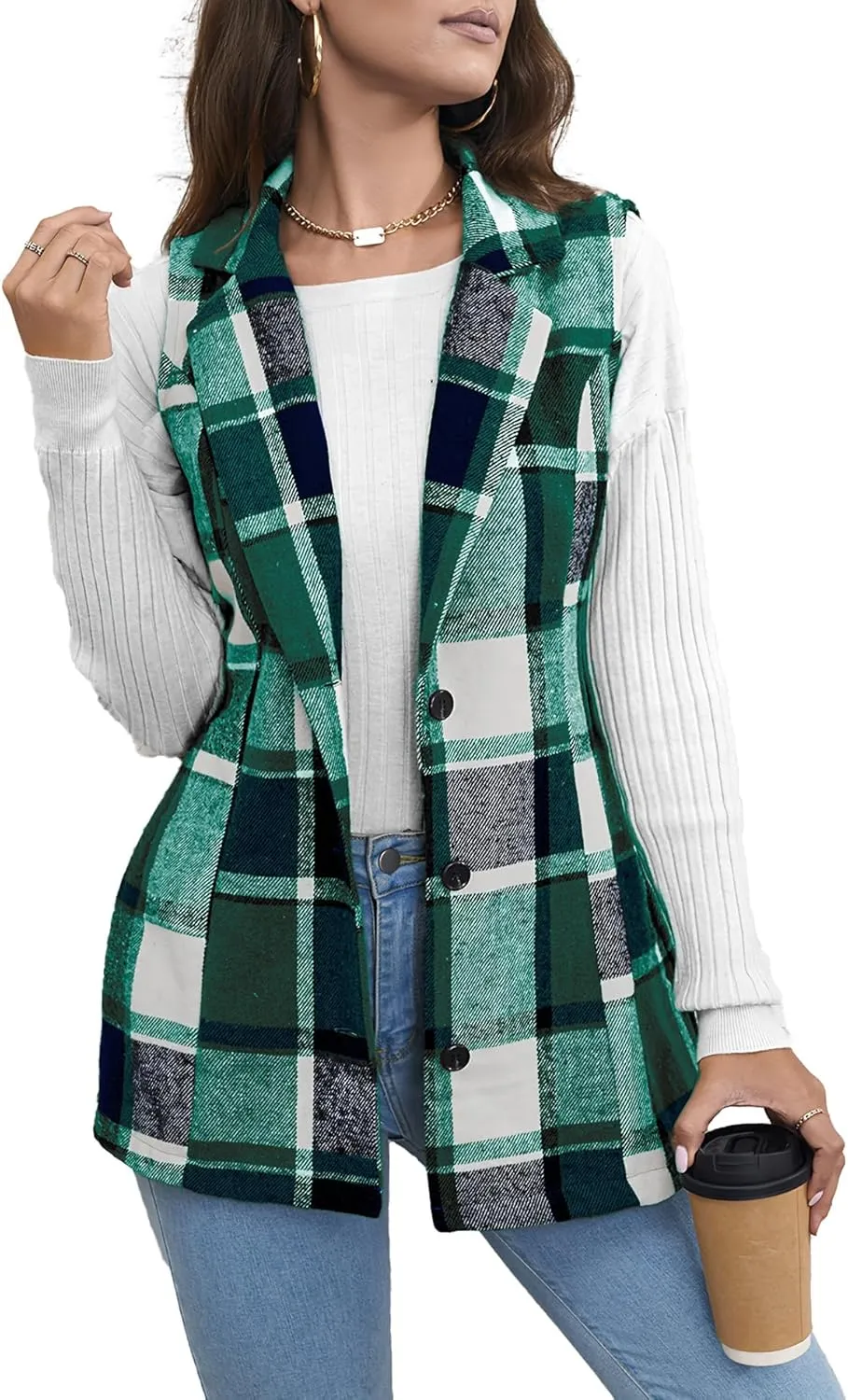 SEMATOMALA Women's Plaid Vest Christmas Cardigan Winter Fall Flannel Vest Sleeveless Blazer Jacket Long Shacket Vest