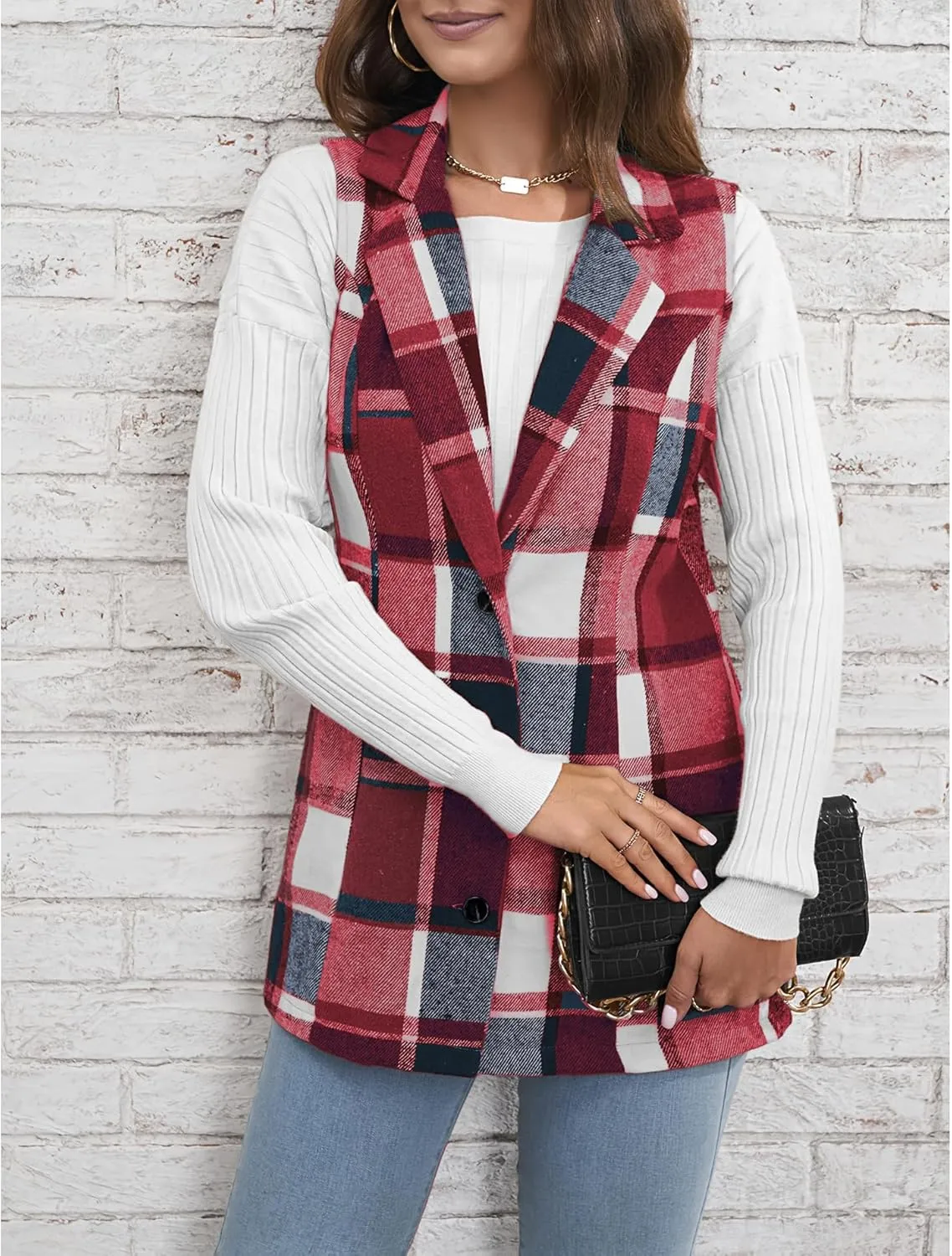 SEMATOMALA Women's Plaid Vest Christmas Cardigan Winter Fall Flannel Vest Sleeveless Blazer Jacket Long Shacket Vest