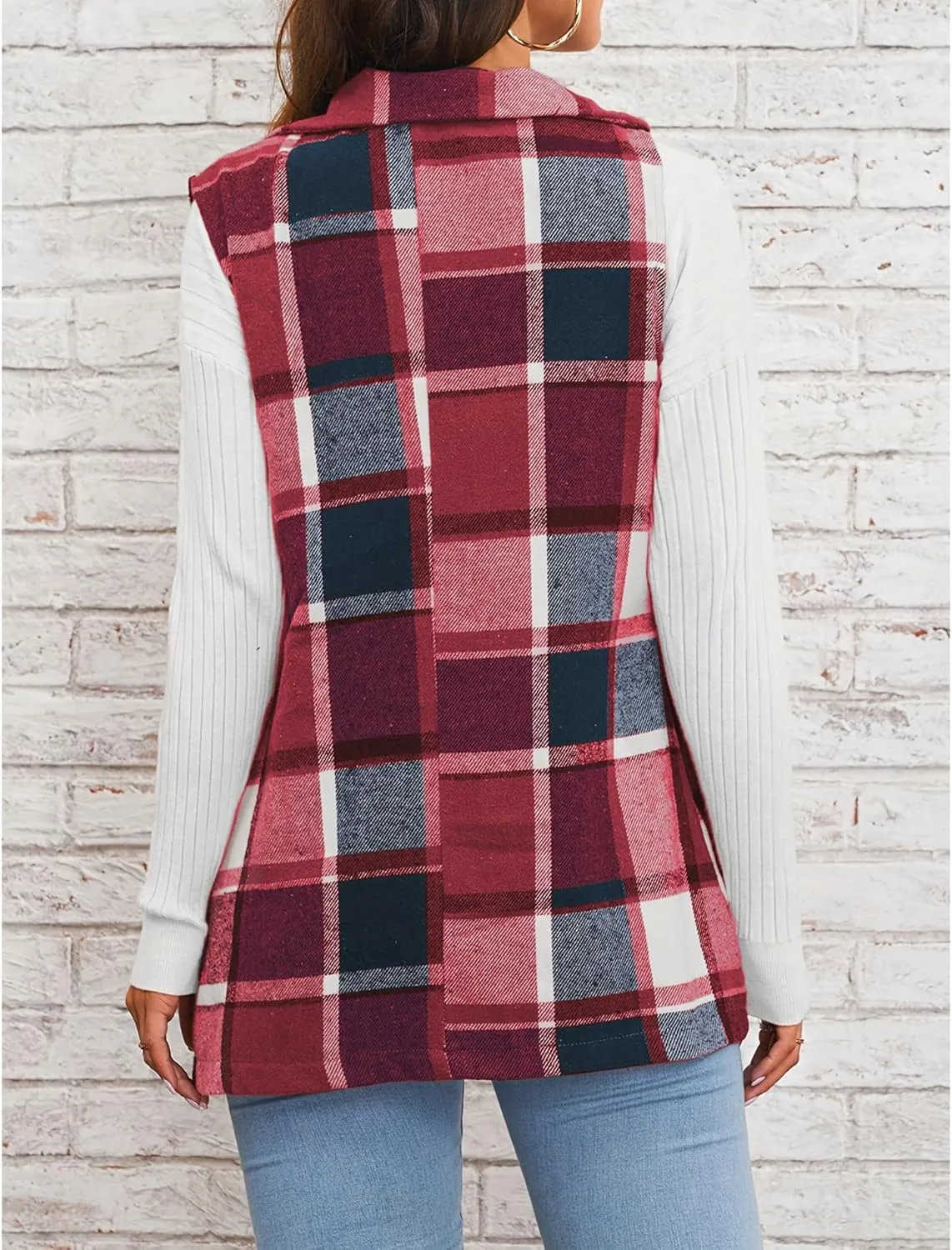 SEMATOMALA Women's Plaid Vest Christmas Cardigan Winter Fall Flannel Vest Sleeveless Blazer Jacket Long Shacket Vest