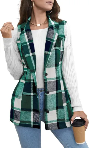 SEMATOMALA Women's Plaid Vest Christmas Cardigan Winter Fall Flannel Vest Sleeveless Blazer Jacket Long Shacket Vest