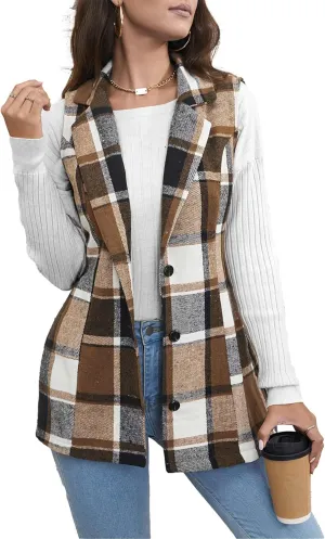 SEMATOMALA Women's Plaid Vest Christmas Cardigan Winter Fall Flannel Vest Sleeveless Blazer Jacket Long Shacket Vest