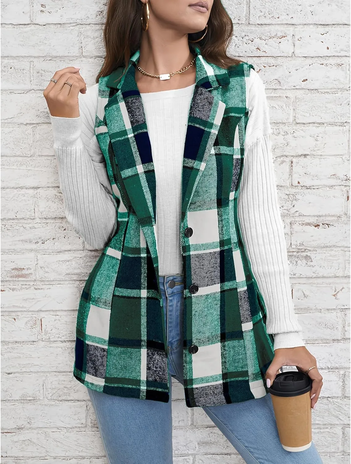 SEMATOMALA Women's Plaid Vest Christmas Cardigan Winter Fall Flannel Vest Sleeveless Blazer Jacket Long Shacket Vest