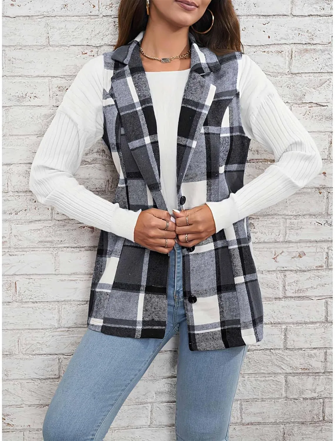 SEMATOMALA Women's Plaid Vest Christmas Cardigan Winter Fall Flannel Vest Sleeveless Blazer Jacket Long Shacket Vest