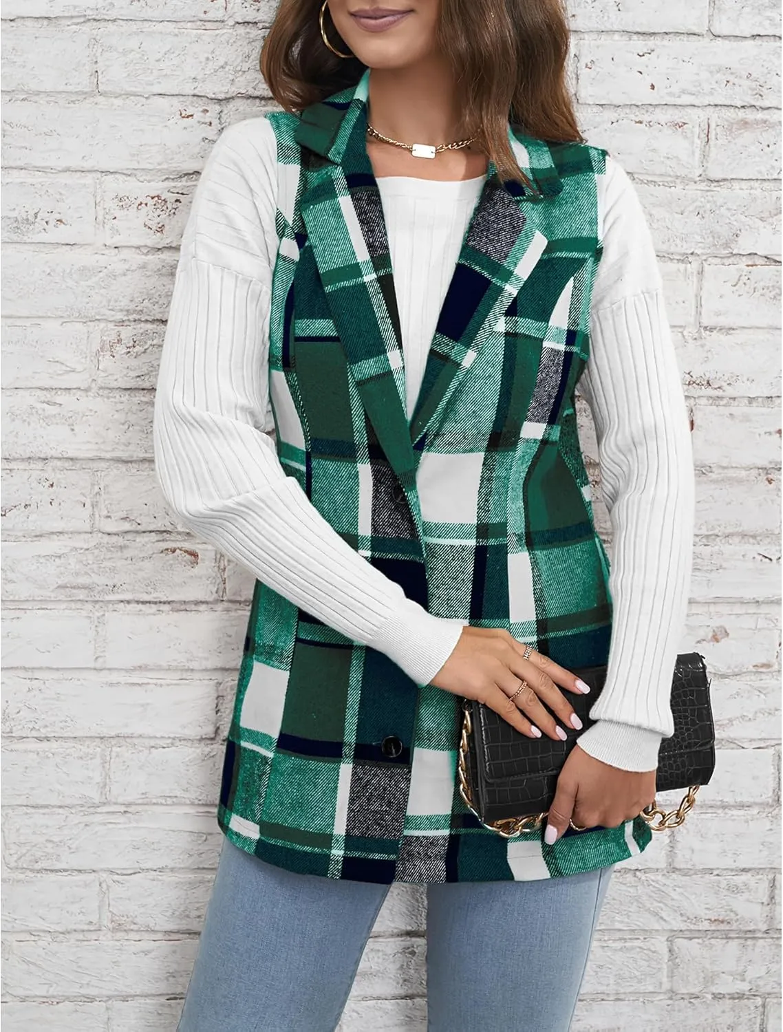 SEMATOMALA Women's Plaid Vest Christmas Cardigan Winter Fall Flannel Vest Sleeveless Blazer Jacket Long Shacket Vest