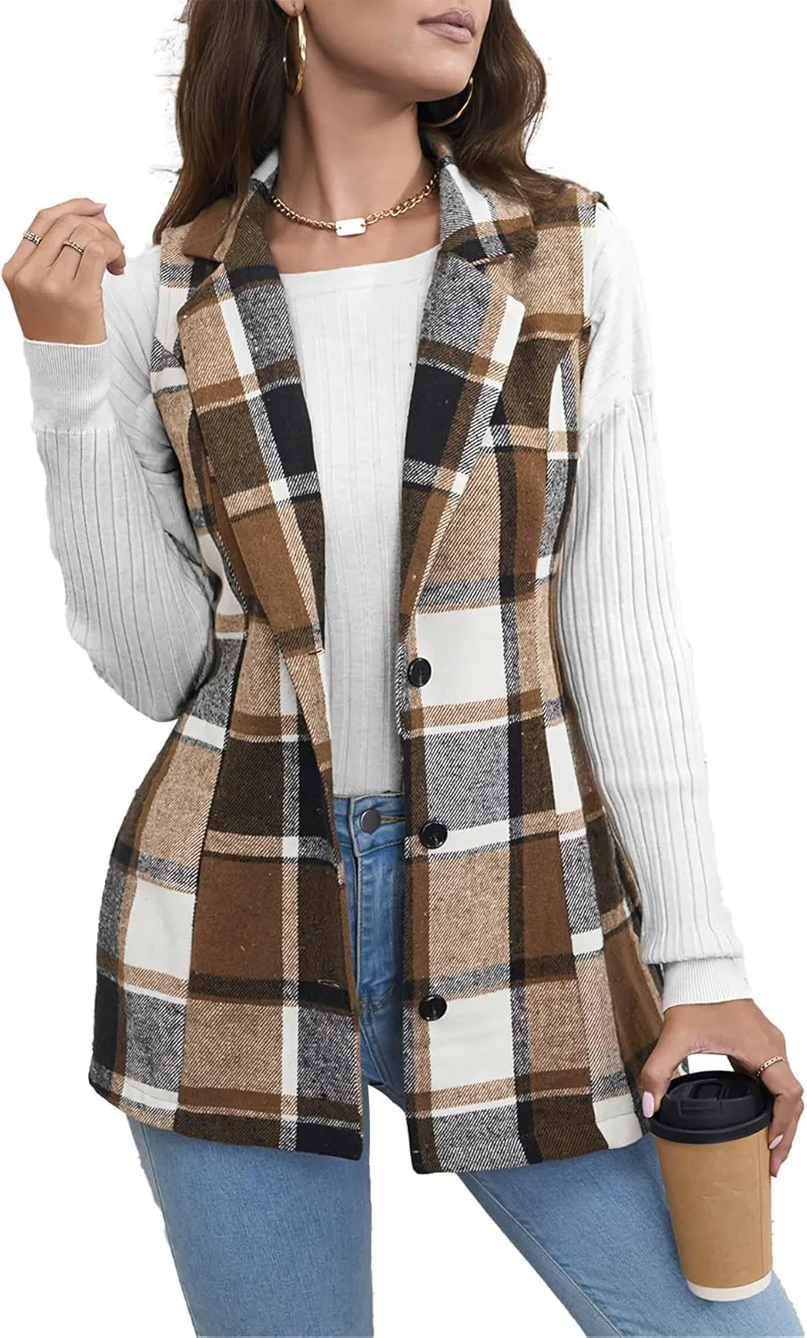 SEMATOMALA Women's Plaid Vest Christmas Cardigan Winter Fall Flannel Vest Sleeveless Blazer Jacket Long Shacket Vest
