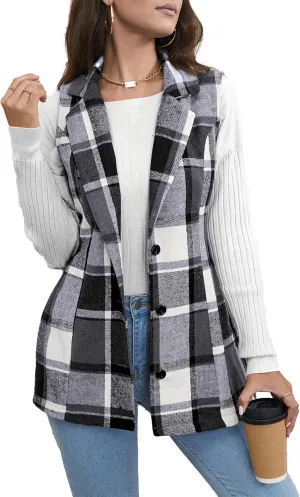 SEMATOMALA Women's Plaid Vest Christmas Cardigan Winter Fall Flannel Vest Sleeveless Blazer Jacket Long Shacket Vest