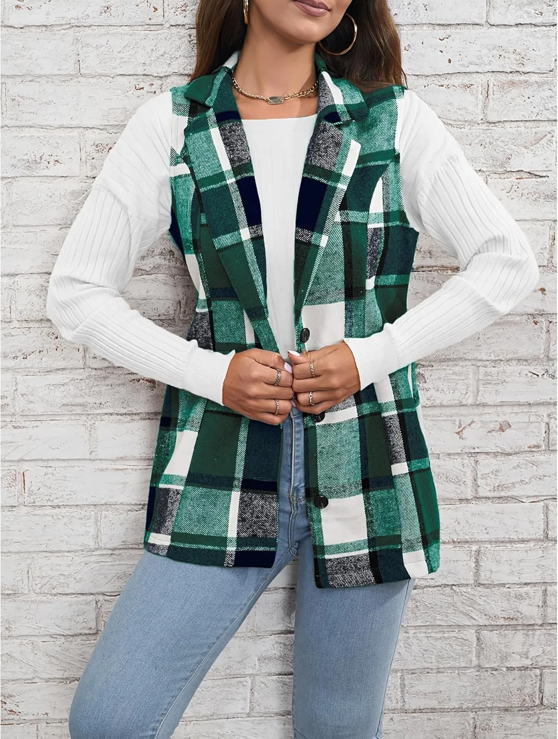 SEMATOMALA Women's Plaid Vest Christmas Cardigan Winter Fall Flannel Vest Sleeveless Blazer Jacket Long Shacket Vest
