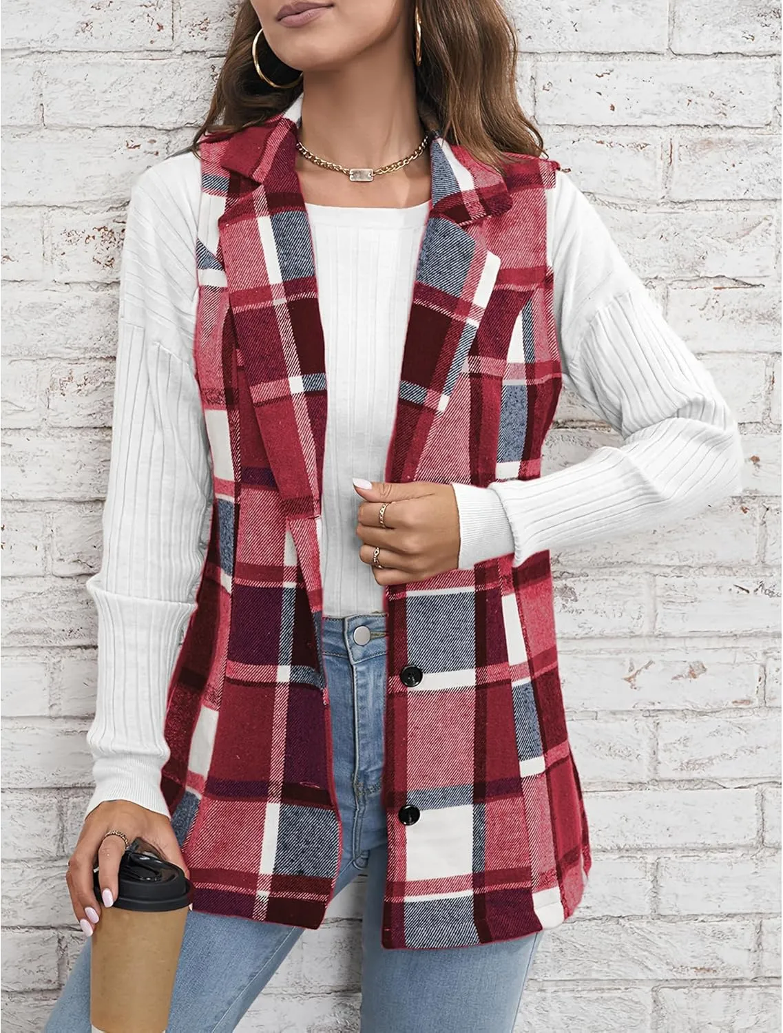 SEMATOMALA Women's Plaid Vest Christmas Cardigan Winter Fall Flannel Vest Sleeveless Blazer Jacket Long Shacket Vest
