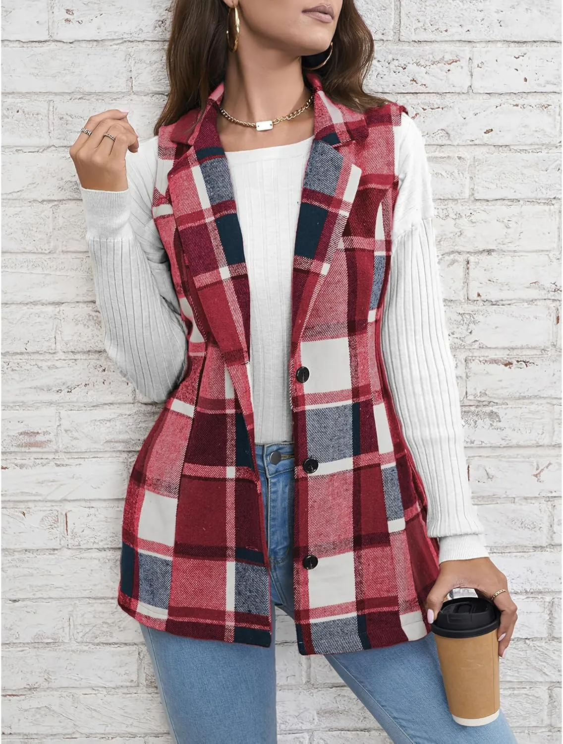 SEMATOMALA Women's Plaid Vest Christmas Cardigan Winter Fall Flannel Vest Sleeveless Blazer Jacket Long Shacket Vest
