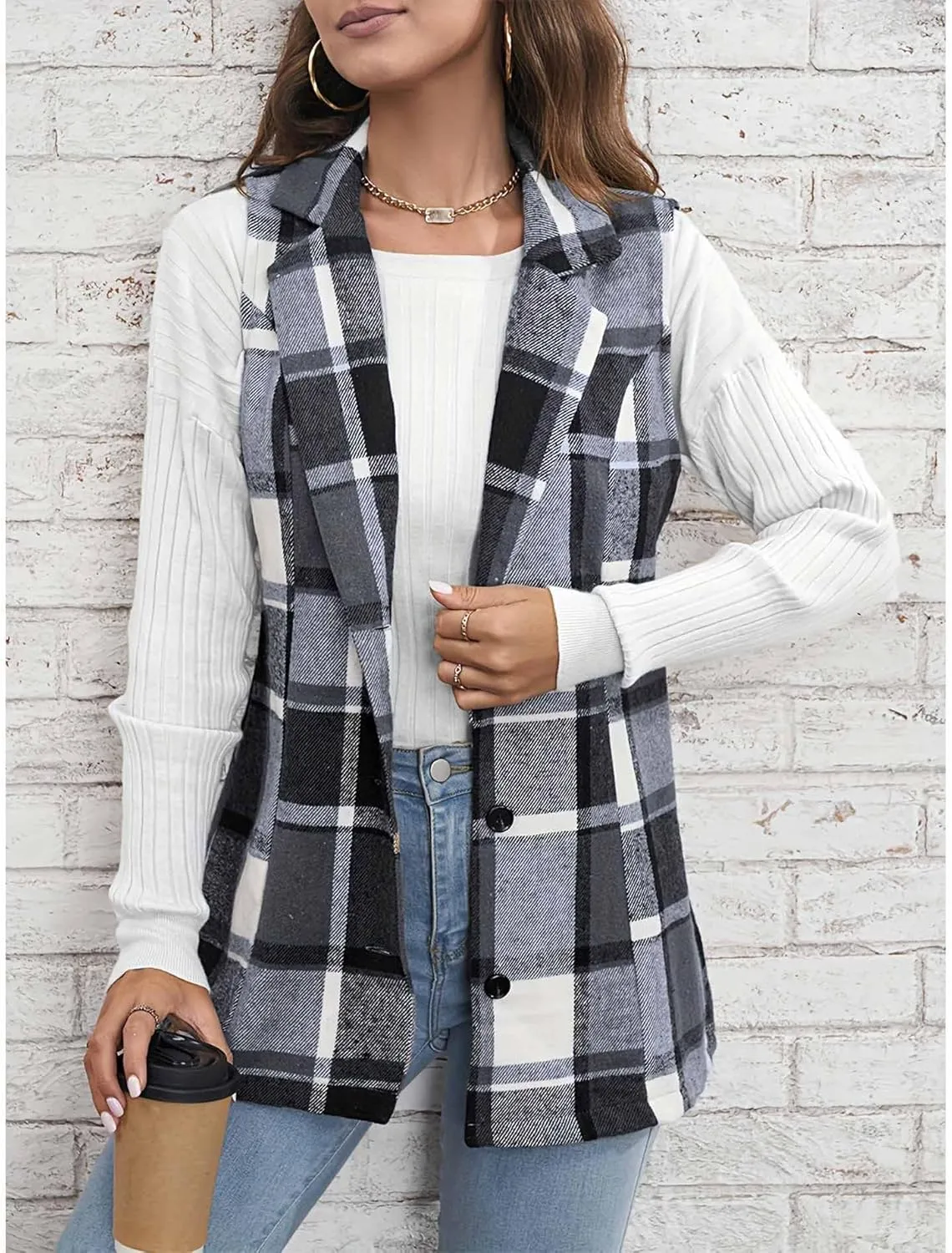 SEMATOMALA Women's Plaid Vest Christmas Cardigan Winter Fall Flannel Vest Sleeveless Blazer Jacket Long Shacket Vest