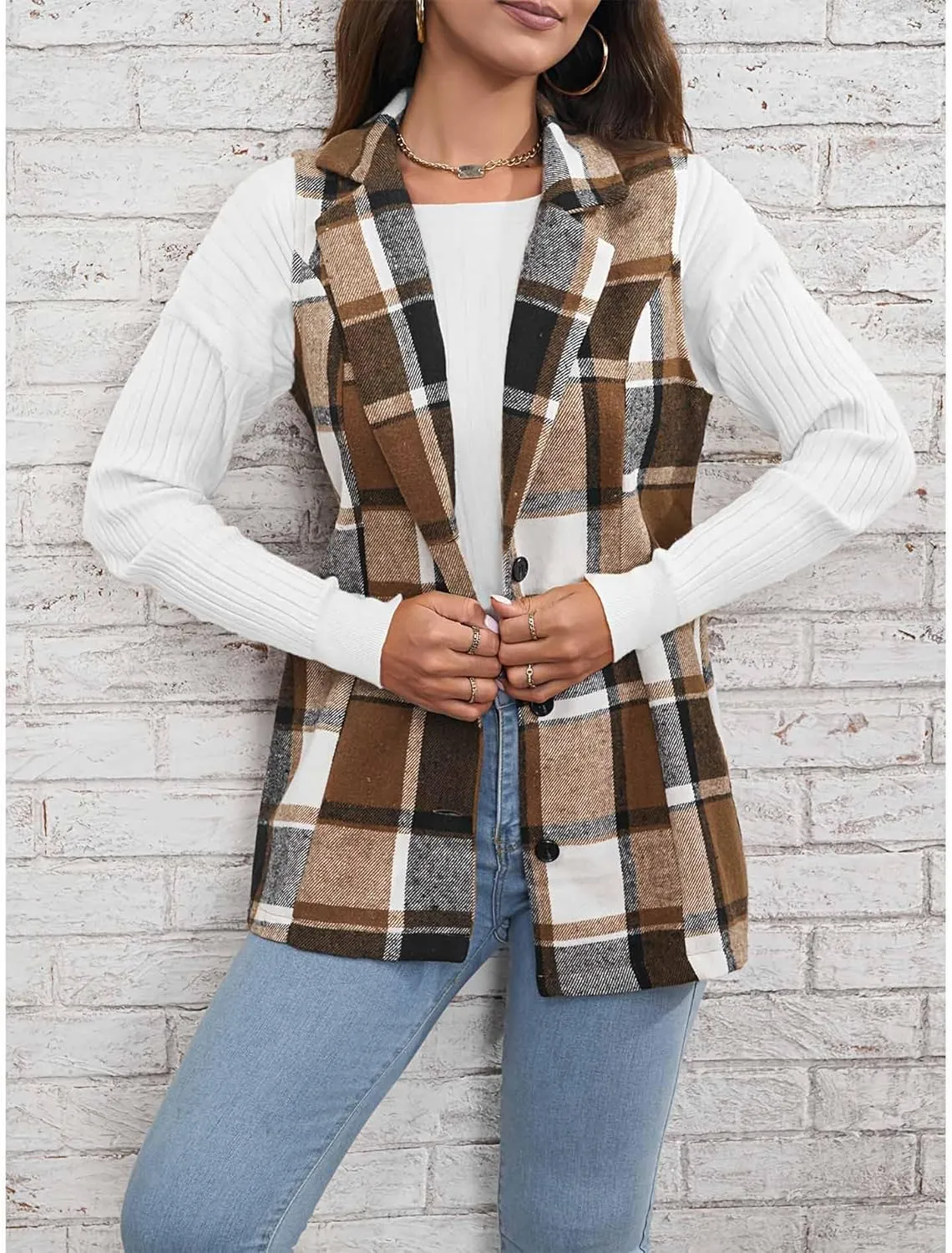 SEMATOMALA Women's Plaid Vest Christmas Cardigan Winter Fall Flannel Vest Sleeveless Blazer Jacket Long Shacket Vest